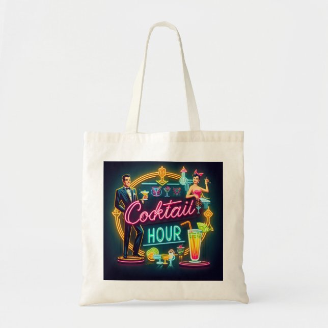 Mid Century Neon Sign Cocktail Hour Couple Tote Bag (Front)