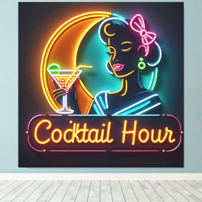 Mid Century Neon Sign Cocktail Hour Woman (Insitu(Wood Floor))