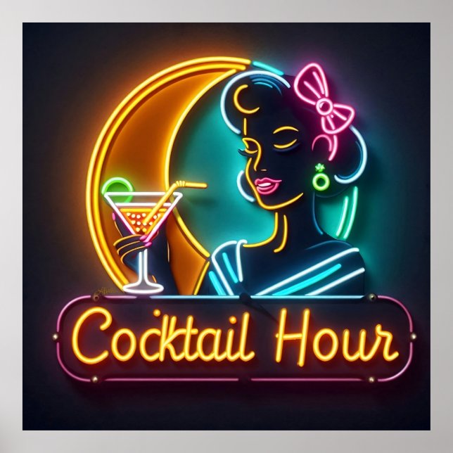 Mid Century Neon Sign Cocktail Hour Woman (Front)