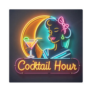 Mid Century Neon Sign Cocktail Hour Woman