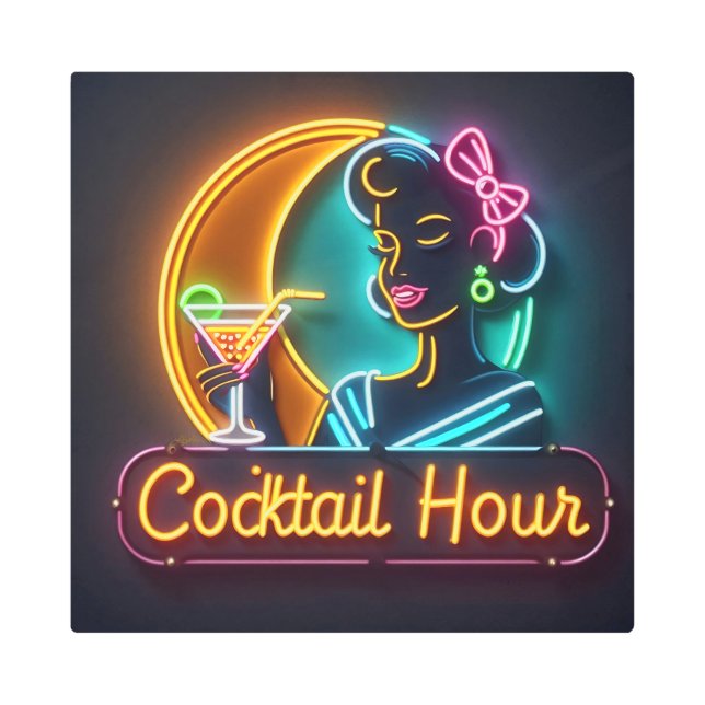 Mid Century Neon Sign Cocktail Hour Woman (Front)