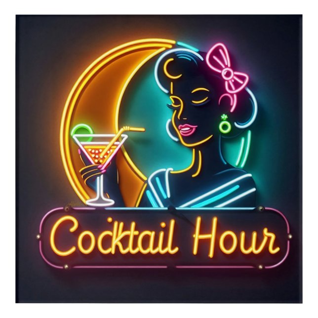 Mid Century Neon Sign Cocktail Hour Woman Acrylic Print (Front)