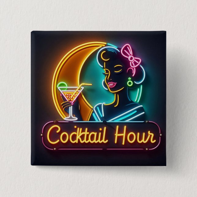 Mid Century Neon Sign Cocktail Hour Woman Button (Front)