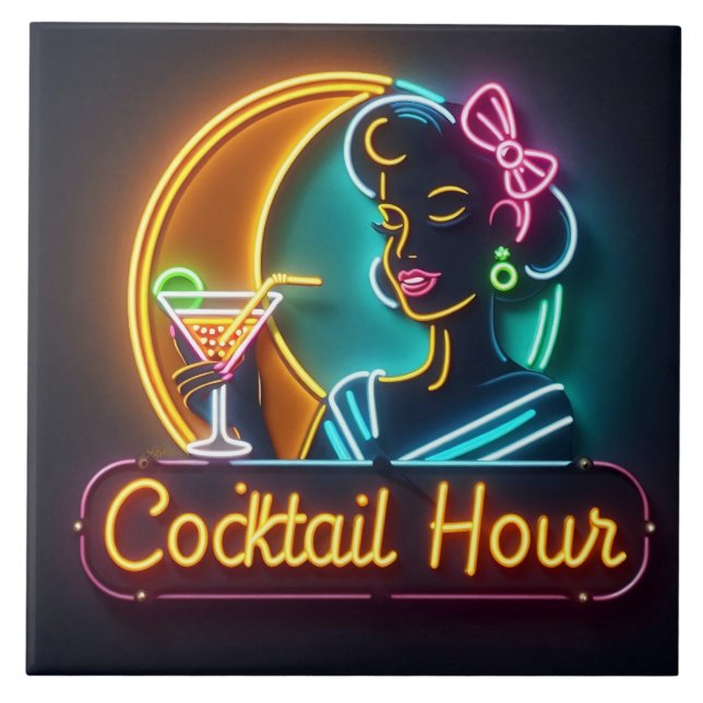 Mid Century Neon Sign Cocktail Hour Woman Ceramic Tile (Front)
