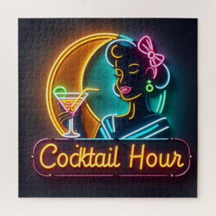 Mid Century Neon Sign Cocktail Hour Woman Jigsaw Puzzle