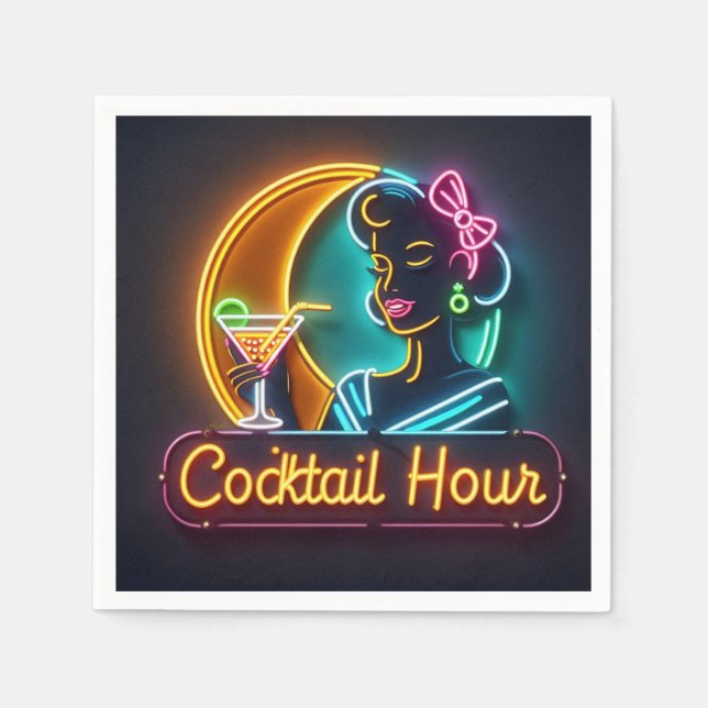 Mid Century Neon Sign Cocktail Hour Woman Napkins (Front)