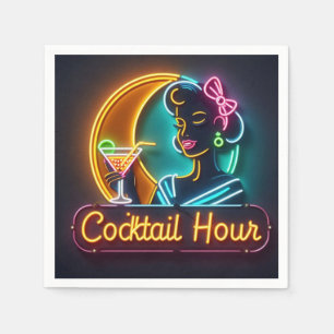 Mid Century Neon Sign Cocktail Hour Woman Napkins