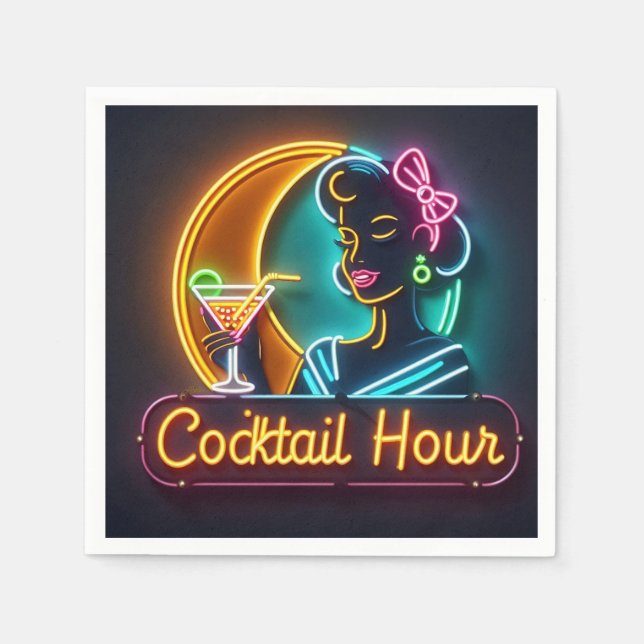 Mid Century Neon Sign Cocktail Hour Woman Napkins (Front)