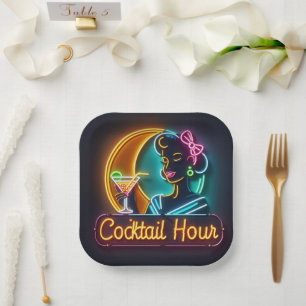 Mid Century Neon Sign Cocktail Hour Woman Paper Plates