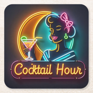 Mid Century Neon Sign Cocktail Hour Woman Square Paper Coaster