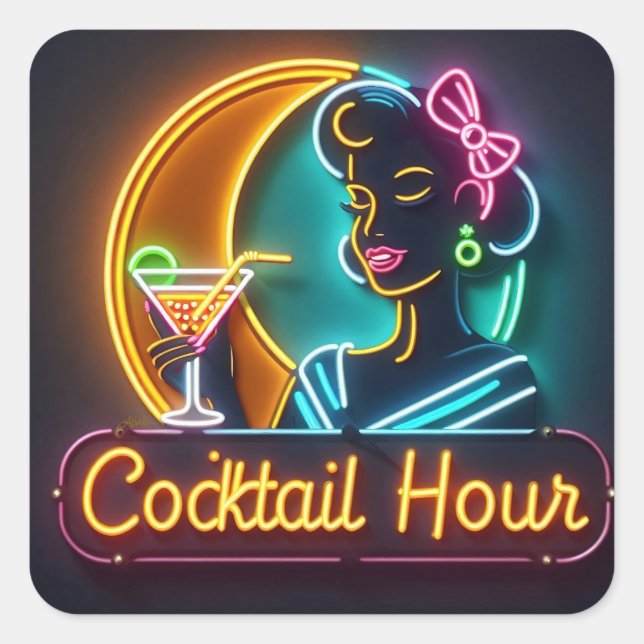 Mid Century Neon Sign Cocktail Hour Woman Square Sticker (Front)