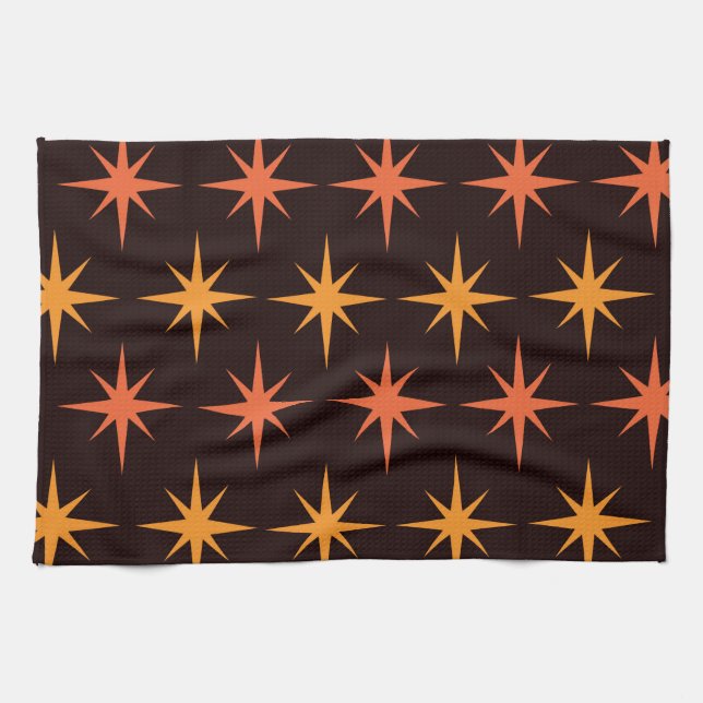 Mid Century Orange and Mustard Yellow starbursts  Kitchen Towel (Horizontal)