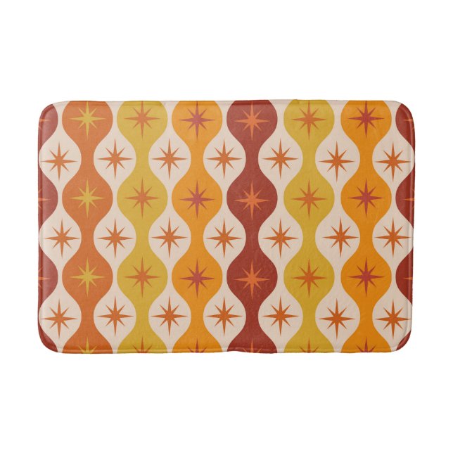 Mid Century Orange Atomic Starbursts on ogee  Bath Mat (Front)