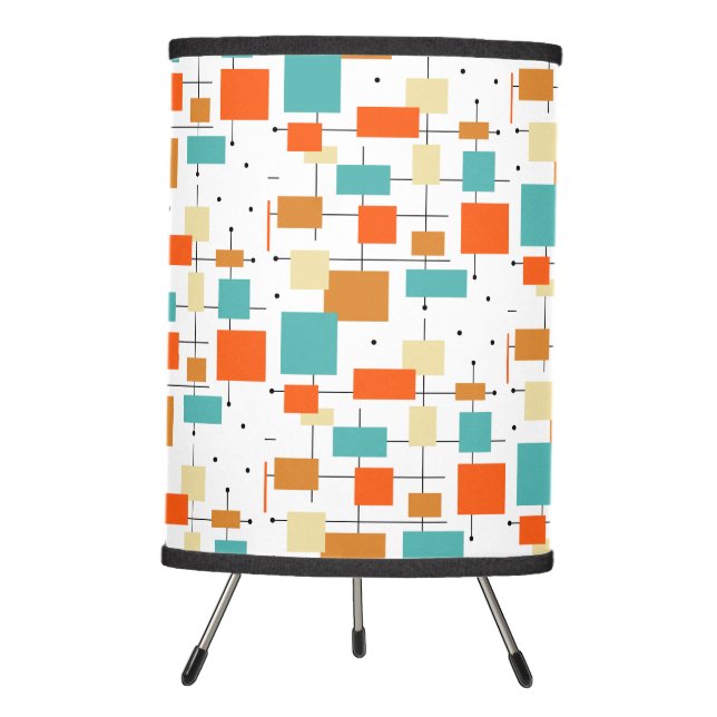 Mid Century Orange Blue Cream Rectangles Lines Tripod Lamp (Front)