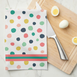 Mid Century Orange, Gold, Teal Dots and Stripes Kitchen Towel