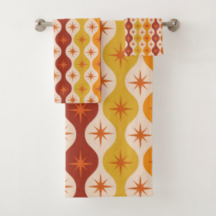 Mid Century Orange Mod Stars on ogee pattern Bath Towel Set