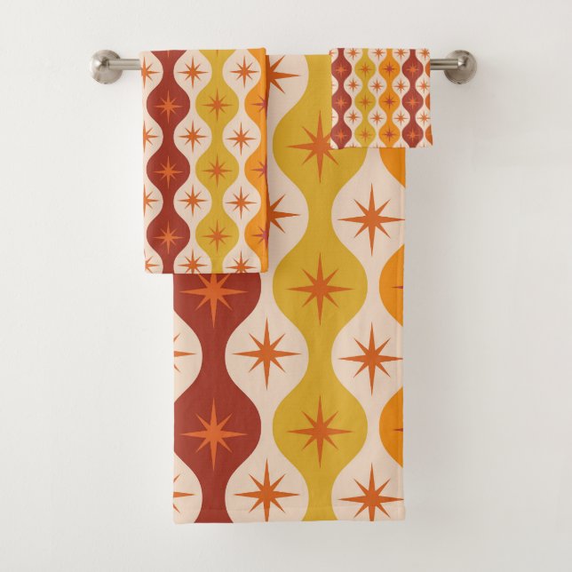 Mid Century Orange Mod Stars on ogee pattern   Bath Towel Set (Insitu)
