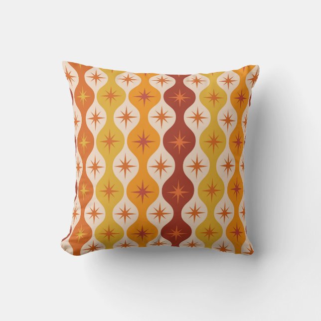 Mid Century Orange Mod Stars on ogee pattern   Throw Pillow (Front)