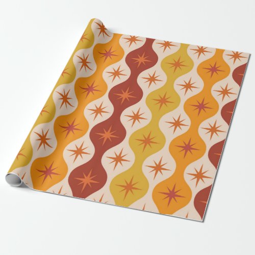 Mid Century Orange Mod Stars on ogee pattern  Wrapping Paper