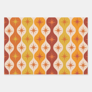 Mid Century Orange Mod Stars on ogee pattern Wrapping Paper Sheets