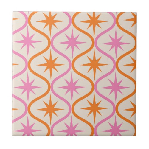 Mid Century Orange Pink Starbursts on Ogee Pattern Ceramic Tile