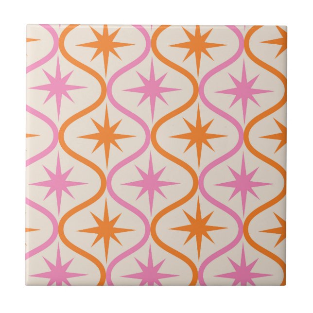 Mid Century Orange Pink Starbursts on Ogee Pattern Ceramic Tile (Front)