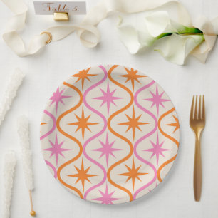Mid Century Orange Pink Starbursts on Ogee Pattern Paper Plates