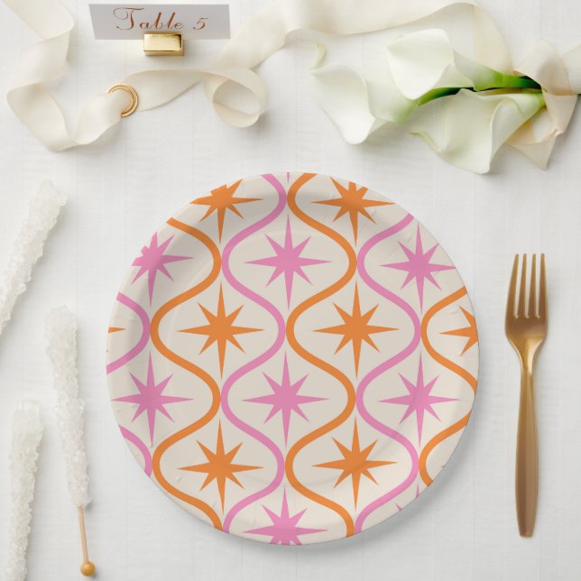 Mid Century Orange Pink Starbursts on Ogee Pattern Paper Plates (Wedding)