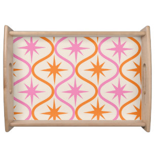 Mid Century Orange Pink Starbursts on Ogee Pattern Serving Tray