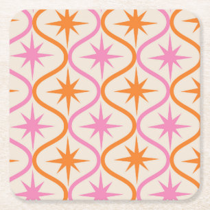 Mid Century Orange Pink Starbursts on Ogee Pattern Square Paper Coaster