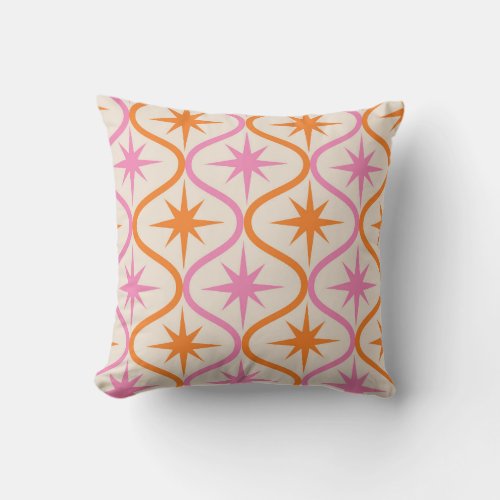Mid Century Orange Pink Starbursts on Ogee Pattern Throw Pillow