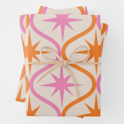 Mid Century Orange Pink Starbursts on Ogee Pattern Wrapping Paper Sheets