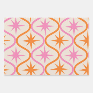 Mid Century Orange Pink Starbursts on Ogee Pattern Wrapping Paper Sheets