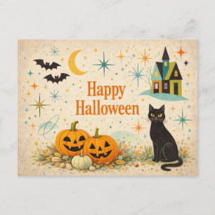 Mid Century Orange Pumpkins Halloween Holiday Postcard