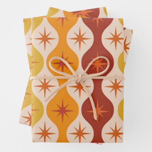 Mid Century Orange Starbursts on Vintage Ogee  Wrapping Paper Sheets