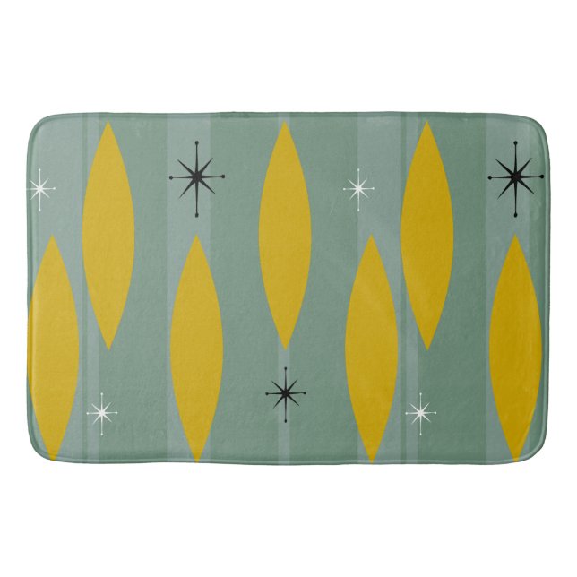 Mid Century Ovals Starbursts Stripes, Gold on Teal Bathroom Mat (Front)