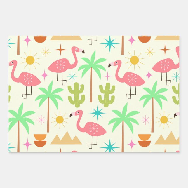 Mid Century Palm Springs Flamingo with Trees  Wrapping Paper Sheets (Front)