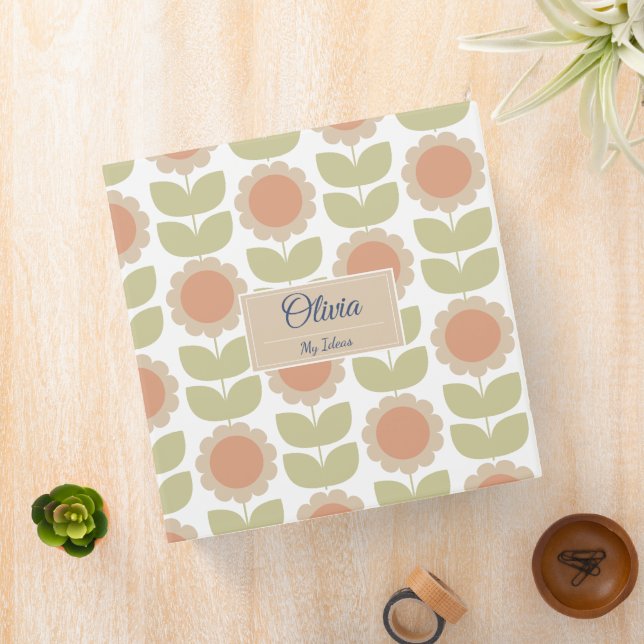  Mid-Century Pastel Pink Retro Floral Pattern 3 Ring Binder (In Situ)