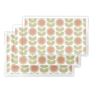  Mid-Century Pastel Pink Retro Floral Pattern Acrylic Tray