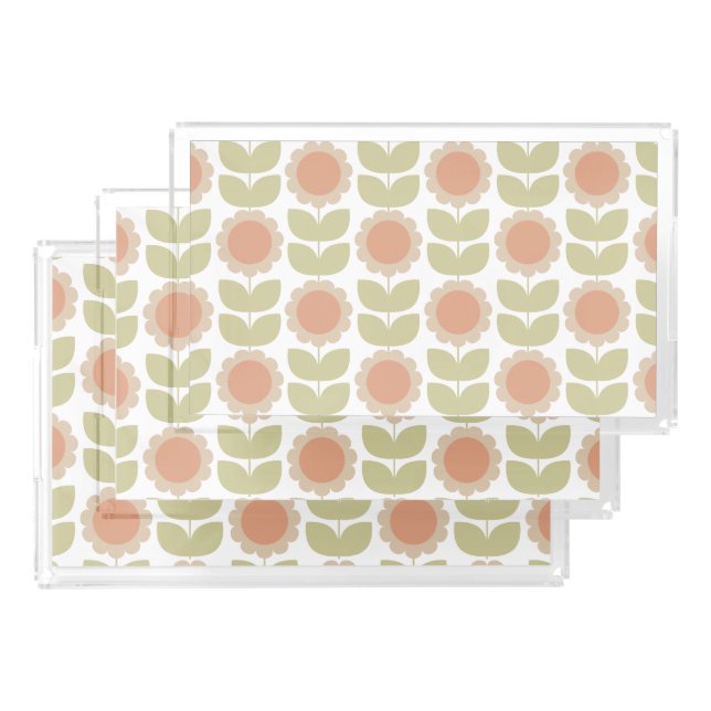  Mid-Century Pastel Pink Retro Floral Pattern Acrylic Tray (Set)