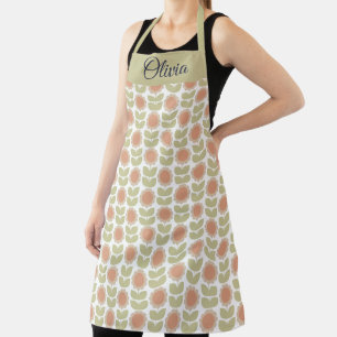  Mid-Century Pastel Pink Retro Floral Pattern Apron