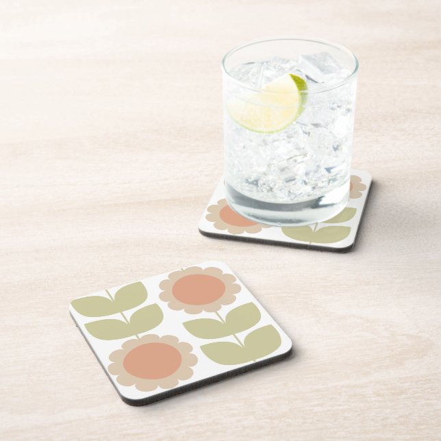  Mid-Century Pastel Pink Retro Floral Pattern Beverage Coaster (Right Side)