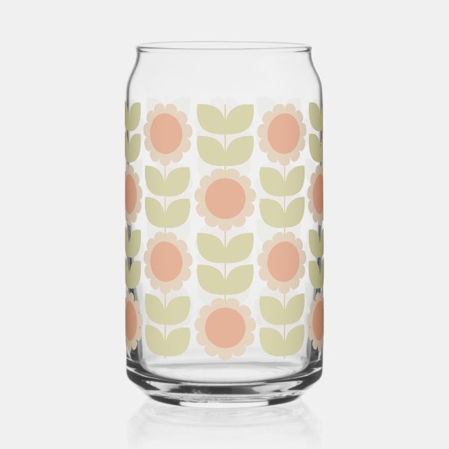  Mid-Century Pastel Pink Retro Floral Pattern Can Glass (Front)