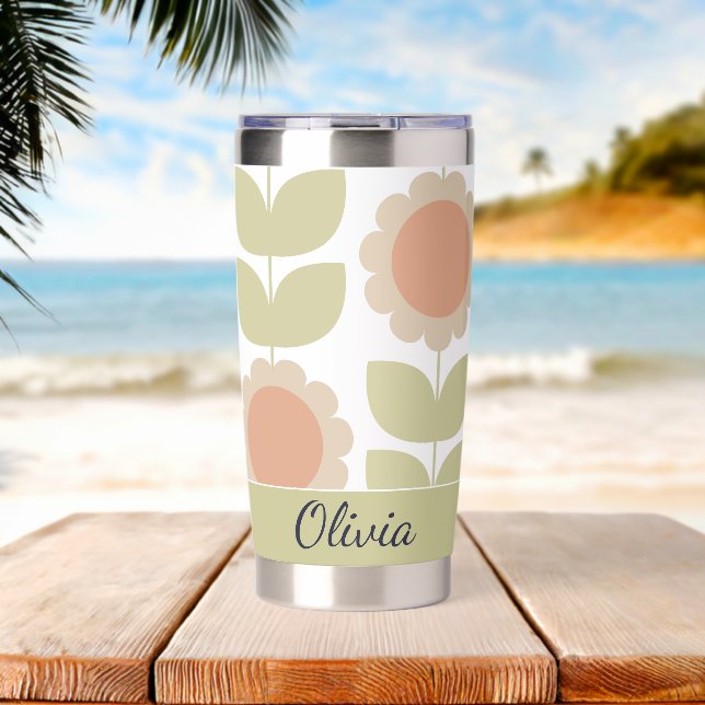  Mid-Century Pastel Pink Retro Floral Pattern Insulated Tumbler (Beach (Rotated))