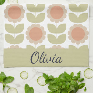 Mid-Century Pastel Pink Retro Floral Pattern Kitchen Towel