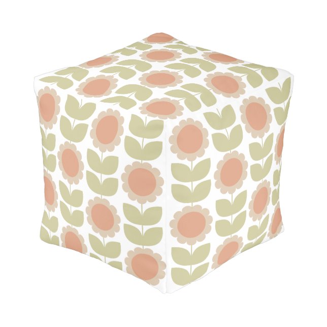  Mid-Century Pastel Pink Retro Floral Pattern Pouf (Angled Back)