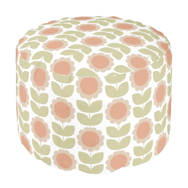  Mid-Century Pastel Pink Retro Floral Pattern Pouf (Angled Front)