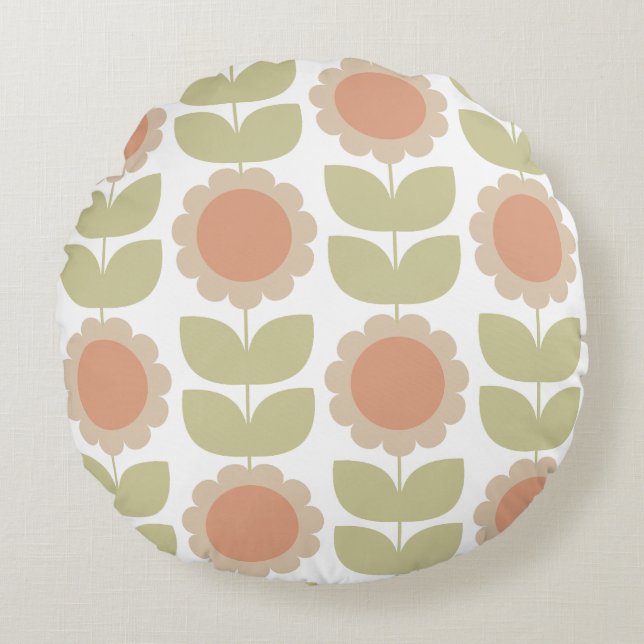  Mid-Century Pastel Pink Retro Floral Pattern Round Pillow (Front)