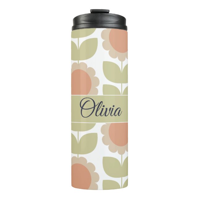  Mid-Century Pastel Pink Retro Floral Pattern Thermal Tumbler (Front)