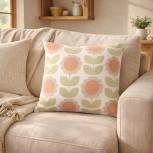  Mid-Century Pastel Pink Retro Floral Pattern Throw Pillow